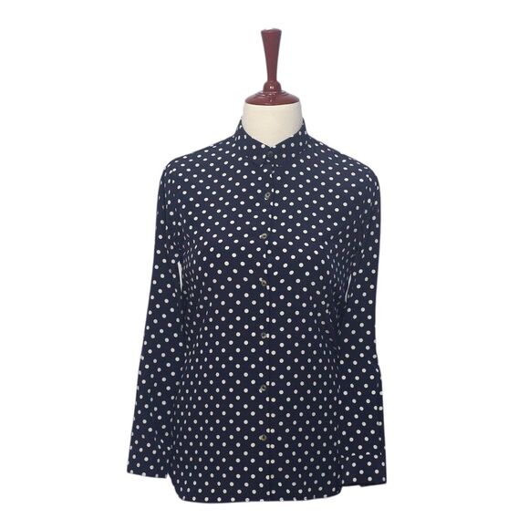 Chiragh Apparel Tops - Womens Silky Satin Shirt Blue Polka Dot Blouse Button Up Dressy Top Medium Work